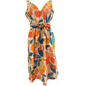 Vince Camuto Tie Waist Cotton Floral Midi Dress 10 Bright Tropical Cruise Travel